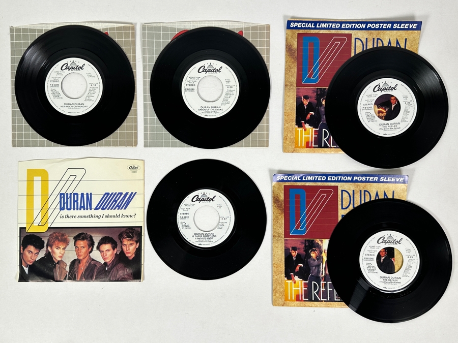Five Duran Duran 45 Rpm Records Pair Of Special Limited Edition Poster Sleeves - The Reflex, Union Of The Snake, Is There Something I Should Know, New Moon On Monday - All Promo Copies [Photo 2]