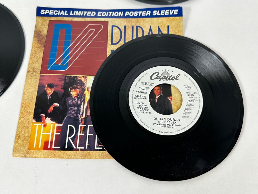 Five Duran Duran 45 Rpm Records Pair Of Special Limited Edition Poster Sleeves - The Reflex, Union Of The Snake, Is There Something I Should Know, New Moon On Monday - All Promo Copies [Photo 3]