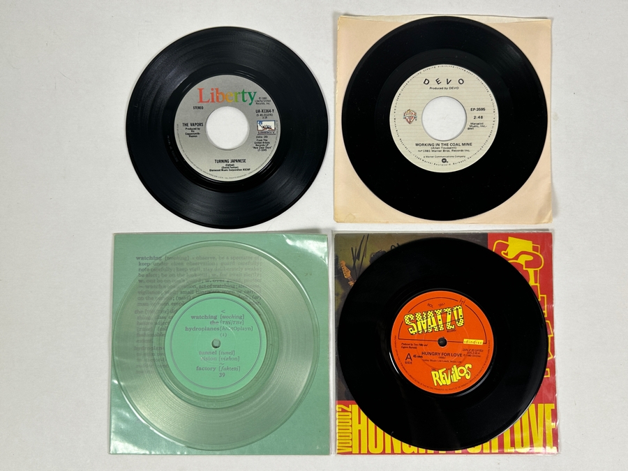 Devo - Working In The Coal Mine 1981, The Vapors - Turning Japanese 1980, Watching The Hydroplanes Clear Vinyl & The Revillos - Hungry For Love 45 Rpm Vinyl Records [Photo 1]