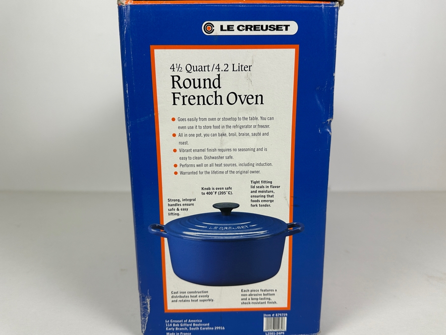New In Box Le Creuset Enameled Cast Iron Round French Oven 4 1/2 Quart Blue [Photo 3]