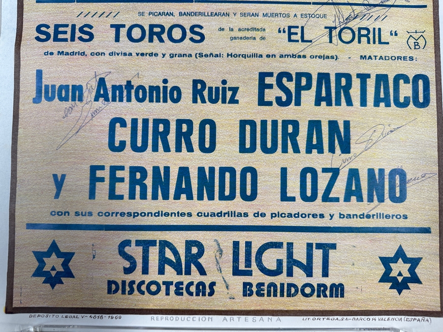 Vintage 1987 Spanish Bullfight Poster Plaza De Toros Benidorm Signed By Toreros Bullfighters 13.5 X 29 [Photo 9]