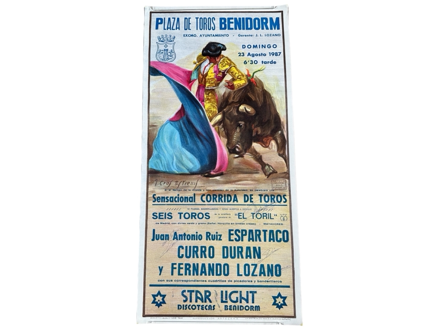 Vintage 1987 Spanish Bullfight Poster Plaza De Toros Benidorm Signed By Toreros Bullfighters 13.5 X 29 [Photo 1]