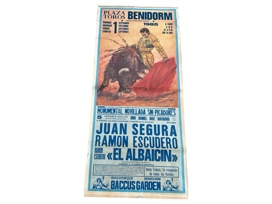 Vintage 1985 Spanish Bullfight Poster Plaza De Toros Benidorm 17.5 X 39 [Photo 1]