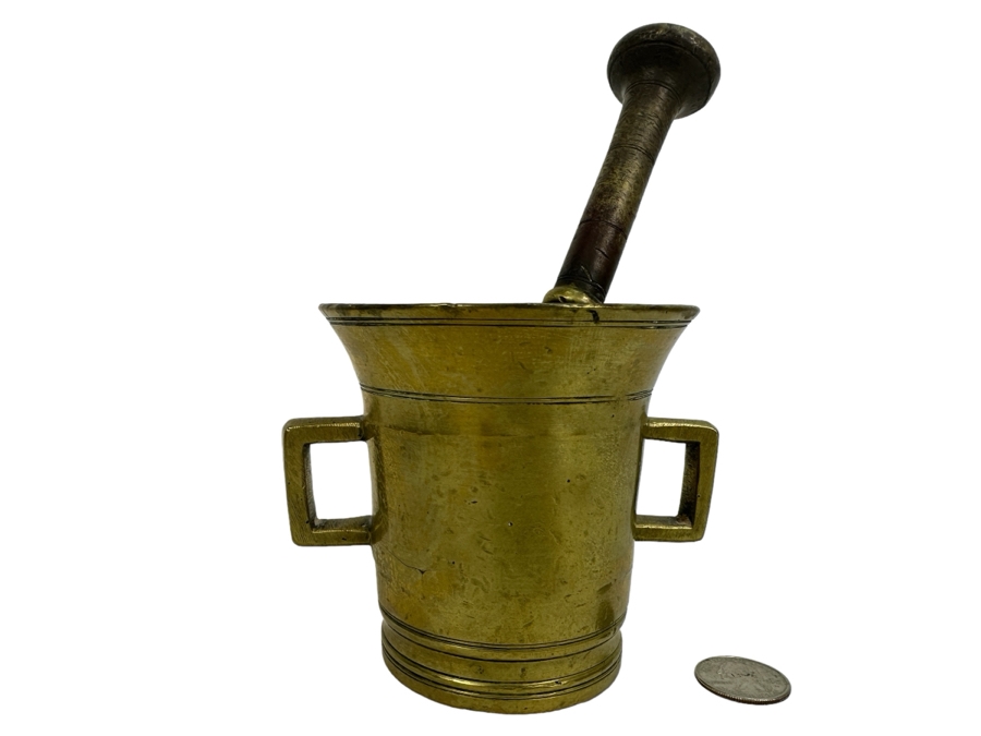 Old Solid Brass Mortar 4H And Pestle 8L