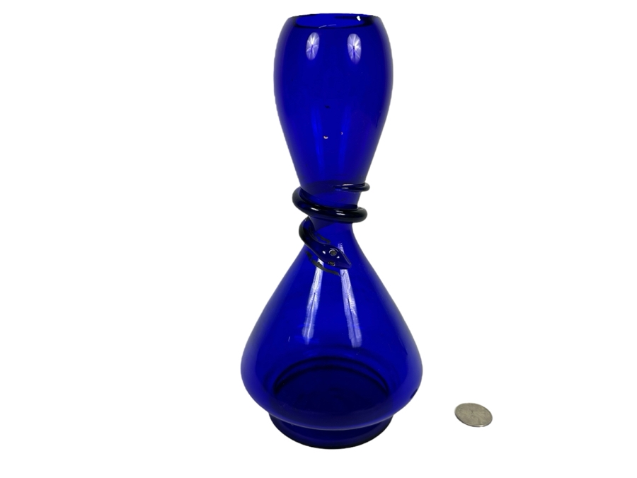 Vintage Blue Glass Vase With Applied Coiled Snake 9.5H