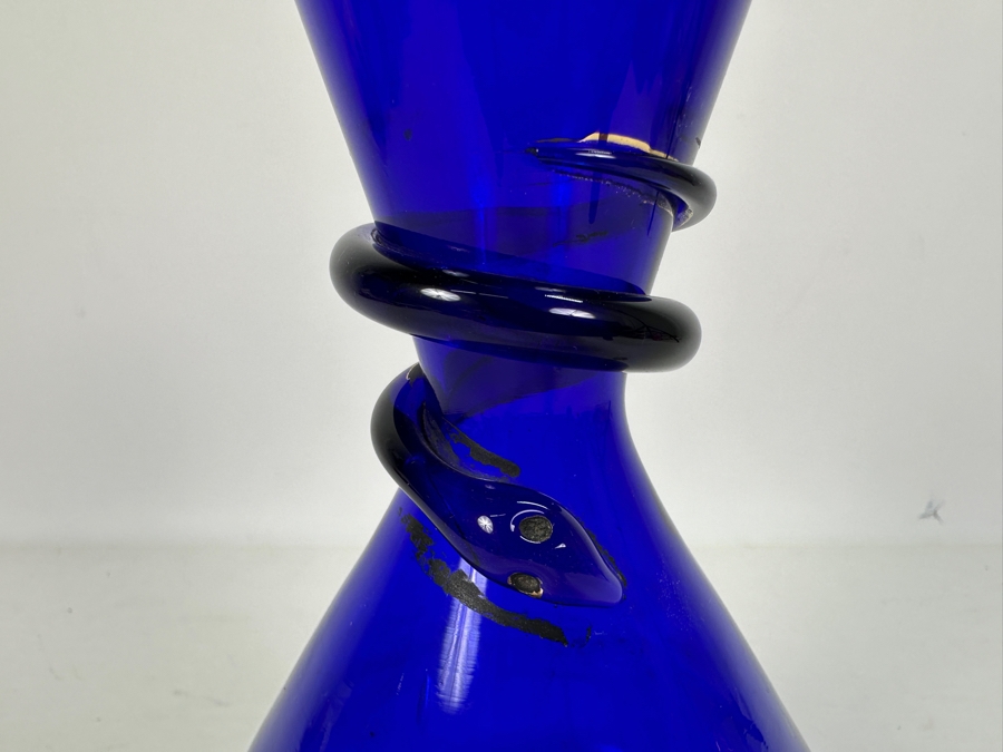 Just Added - Vintage Blue Glass Vase With Applied Coiled Snake 9.5H [Photo 2]