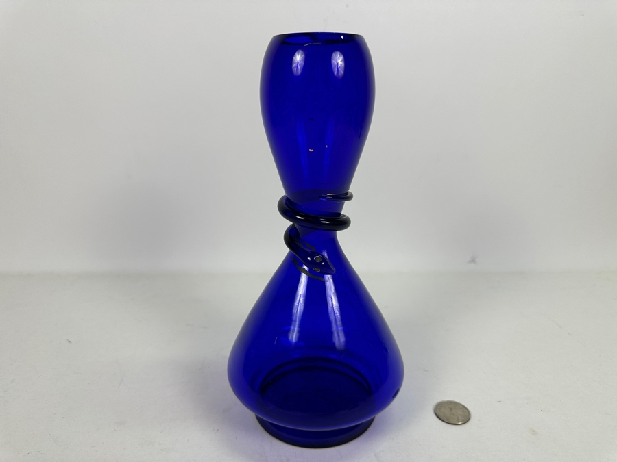 Just Added - Vintage Blue Glass Vase With Applied Coiled Snake 9.5H [Photo 5]