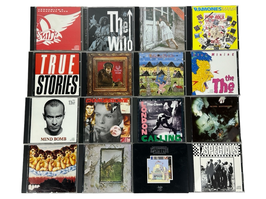 (16) Music CDs: Aerosmith, The Who, Violent Femmes, Ramones, Talking Heads, The The, David Bowie, The Clash, The Cure