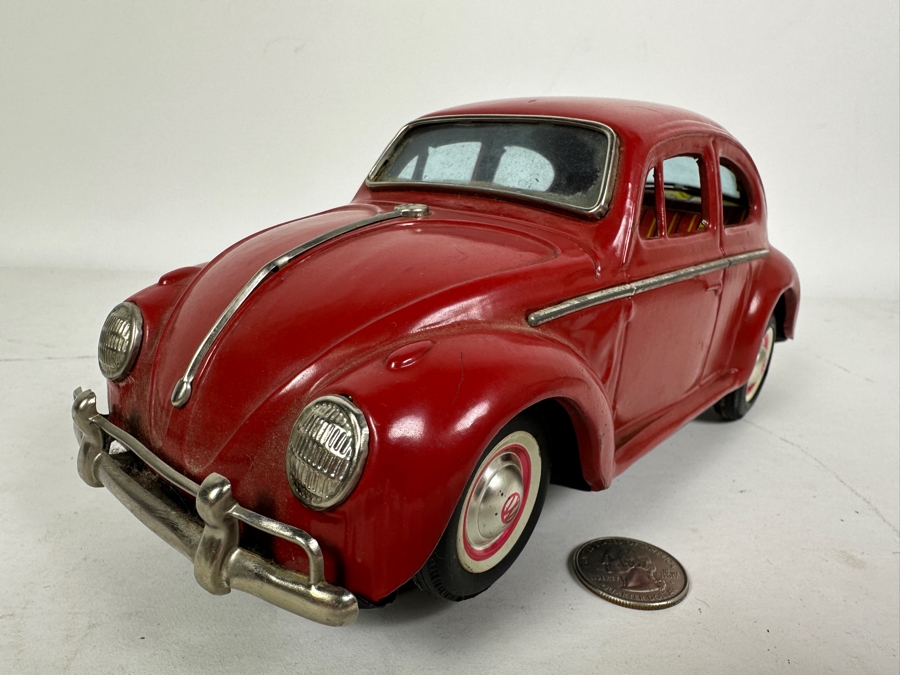 Just Added - Vintage Japanese Yoshiya KO 1960s Volkswagen VW Bug Beetle With Blue Visible Engine Tin Toy Car Battery Operated Bump And Go Action In Great Working Condition [Photo 8]
