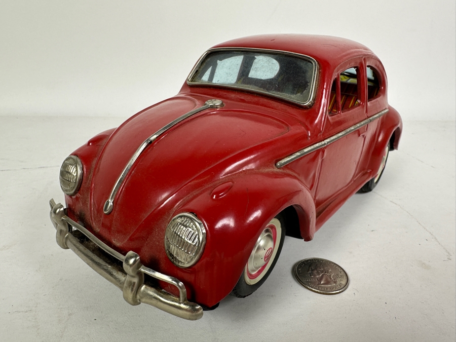 Just Added - Vintage Japanese Yoshiya KO 1960s Volkswagen VW Bug Beetle With Blue Visible Engine Tin Toy Car Battery Operated Bump And Go Action In Great Working Condition [Photo 7]