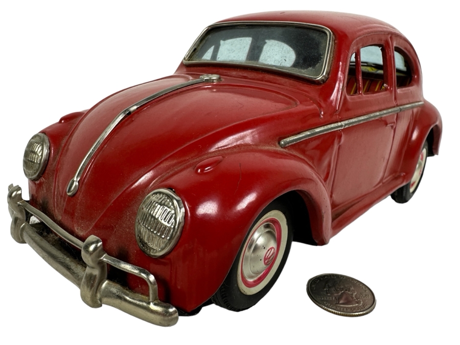 Just Added - Vintage Japanese Yoshiya KO 1960s Volkswagen VW Bug Beetle With Blue Visible Engine Tin Toy Car Battery Operated Bump And Go Action In Great Working Condition [Photo 2]