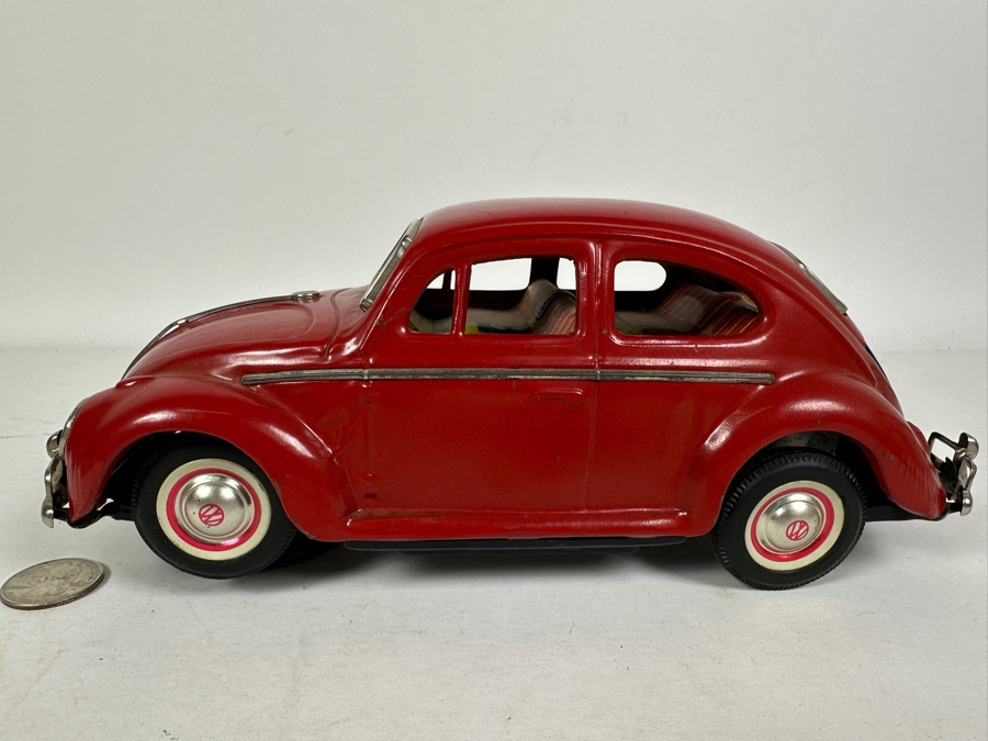 Just Added - Vintage Japanese Yoshiya KO 1960s Volkswagen VW Bug Beetle With Blue Visible Engine Tin Toy Car Battery Operated Bump And Go Action In Great Working Condition [Photo 4]