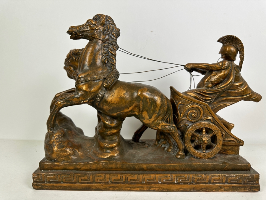 Signed Roman Warrior Chariot Painted Chalkware Statue Signed MAS 14.5W X 5D X 12H [Photo 5]