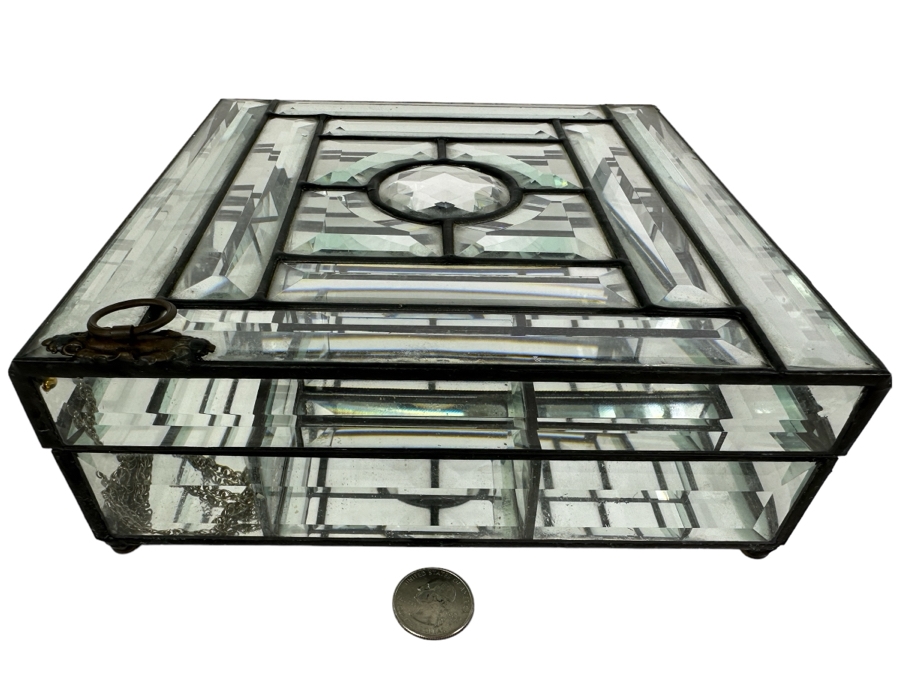Vintage Beveled Glass & Metal Jewelry Box 8.25W X 8.25D X 3.25H [Photo 1]