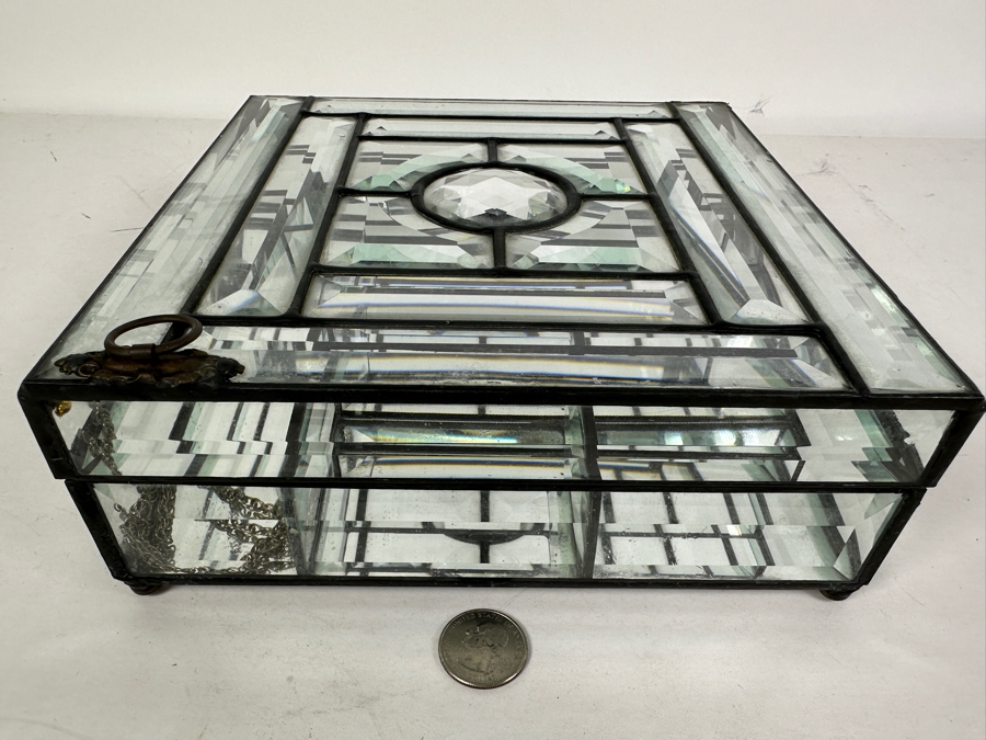 Vintage Beveled Glass & Metal Jewelry Box 8.25W X 8.25D X 3.25H [Photo 2]
