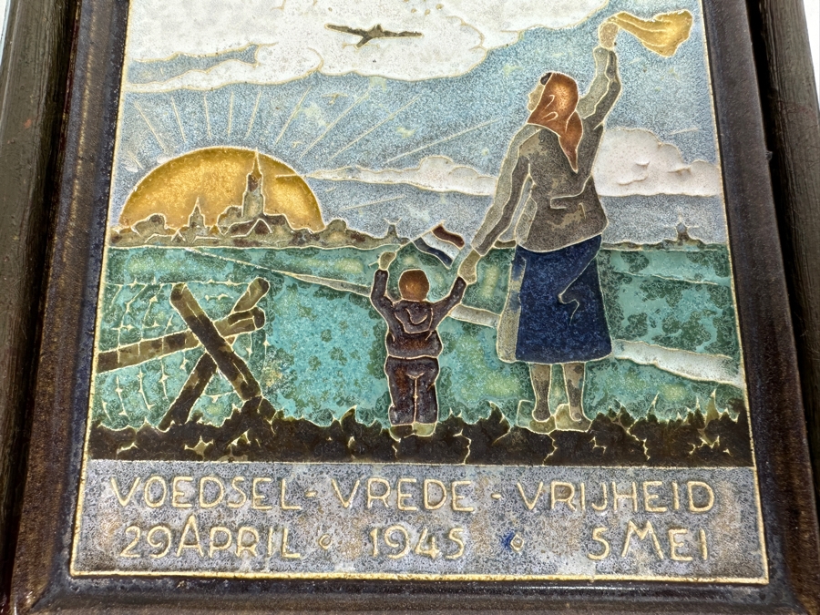 Vintage Royal Delft Cloisonne War Tile Food Dropping Manna Project April 29, 1945 Voedsel Vrede Vrijheid (Food Peace Freedom) 5.5 X 7.5 Framed [Photo 7]