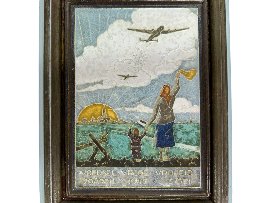 Vintage Royal Delft Cloisonne War Tile Food Dropping Manna Project April 29, 1945 Voedsel Vrede Vrijheid (Food Peace Freedom) 5.5 X 7.5 Framed [Photo 1]