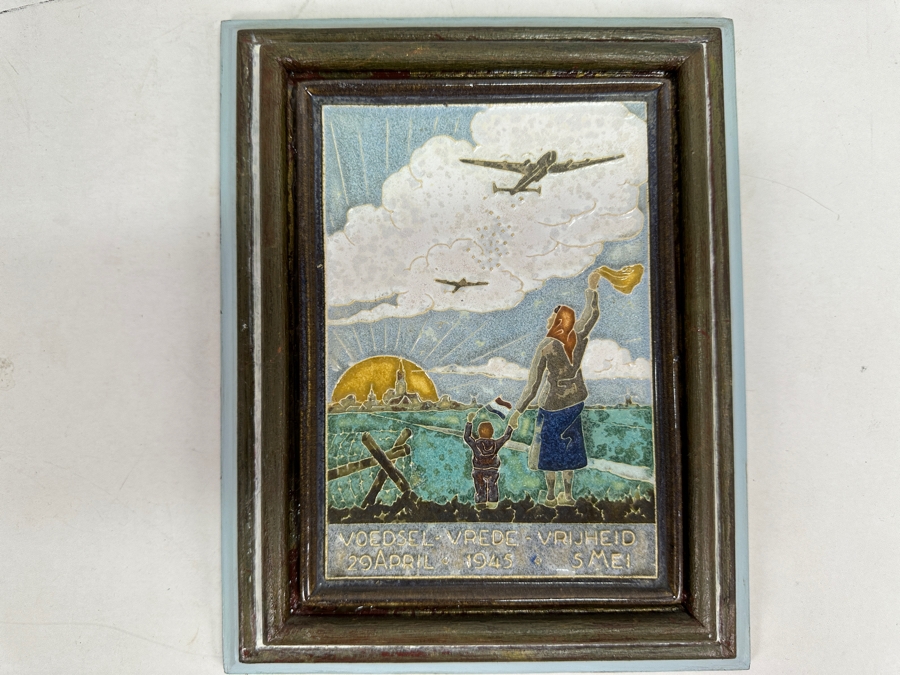Vintage Royal Delft Cloisonne War Tile Food Dropping Manna Project April 29, 1945 Voedsel Vrede Vrijheid (Food Peace Freedom) 5.5 X 7.5 Framed [Photo 2]