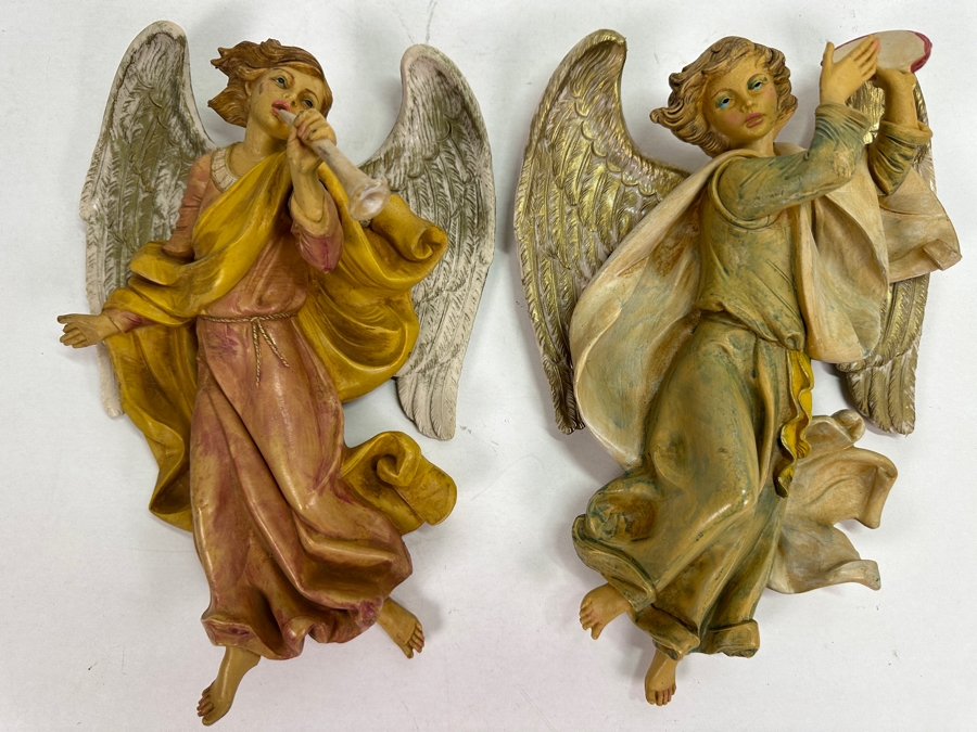 Pair Of Hand Painted Polychrome Resin Italian Angels Wall Hangings 7.5W X 12H [Photo 2]