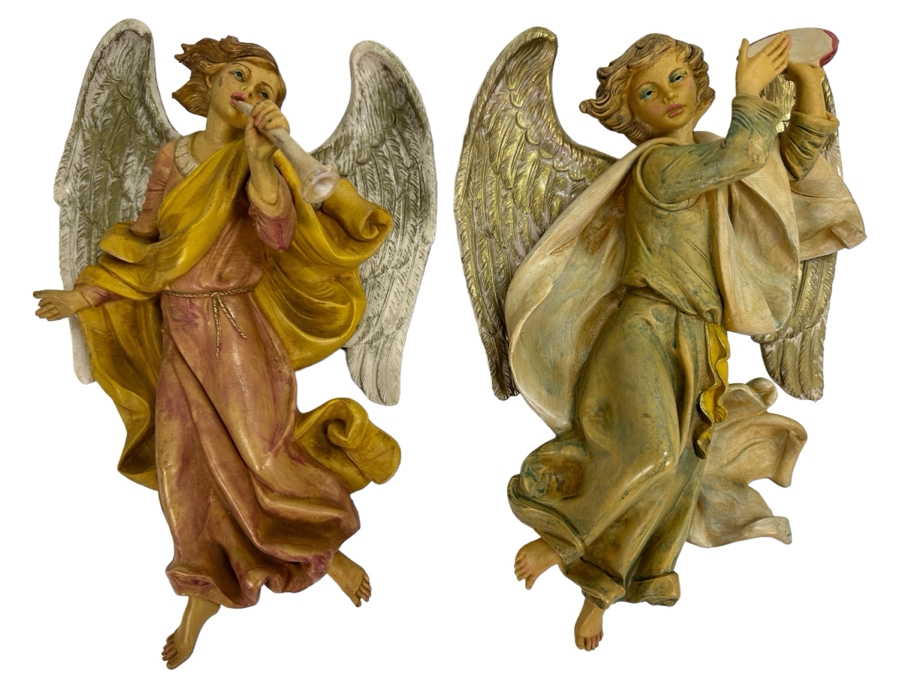Pair Of Hand Painted Polychrome Resin Italian Angels Wall Hangings 7.5W X 12H [Photo 1]