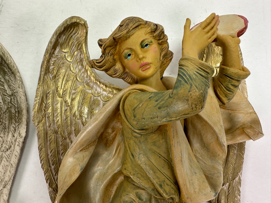 Pair Of Hand Painted Polychrome Resin Italian Angels Wall Hangings 7.5W X 12H [Photo 5]