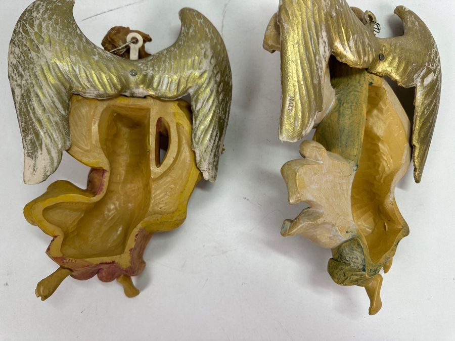Pair Of Hand Painted Polychrome Resin Italian Angels Wall Hangings 7.5W X 12H [Photo 7]