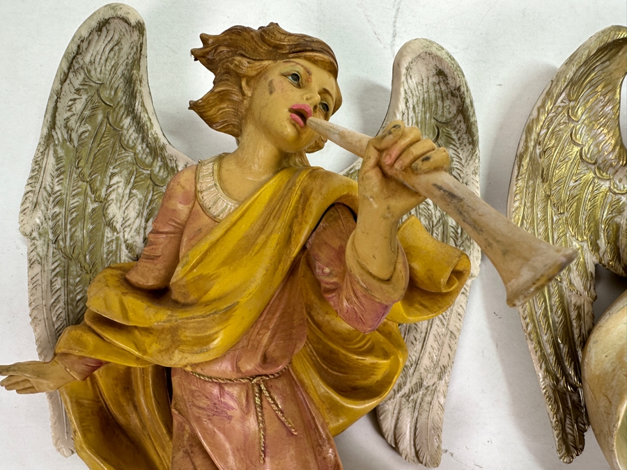 Pair Of Hand Painted Polychrome Resin Italian Angels Wall Hangings 7.5W X 12H [Photo 3]