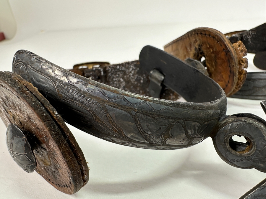 Pair Of Old Western Hand Forged Steel / Leather Spurs [Photo 5]