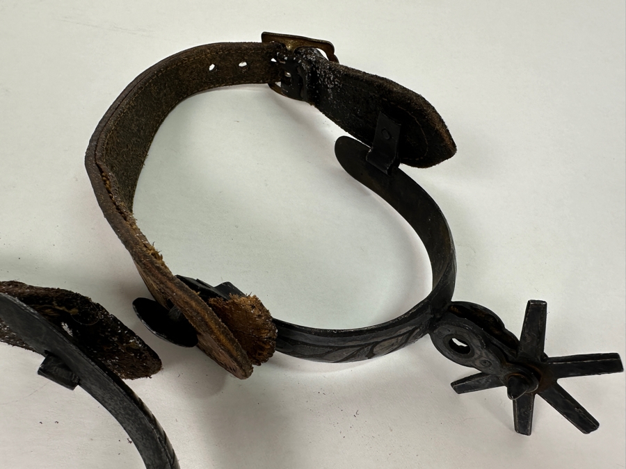 Pair Of Old Western Hand Forged Steel / Leather Spurs [Photo 10]