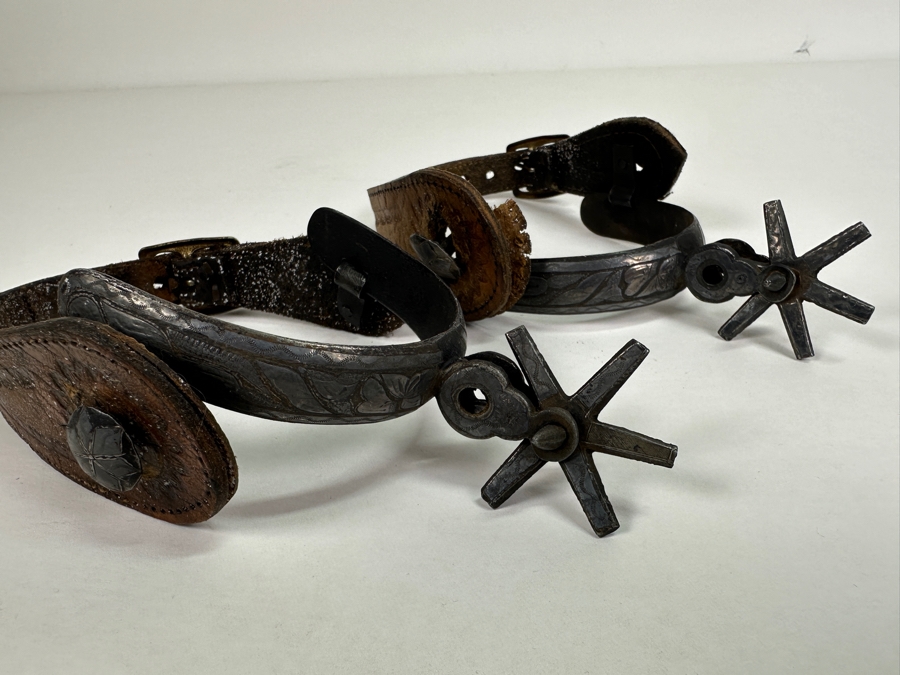 Pair Of Old Western Hand Forged Steel / Leather Spurs [Photo 3]