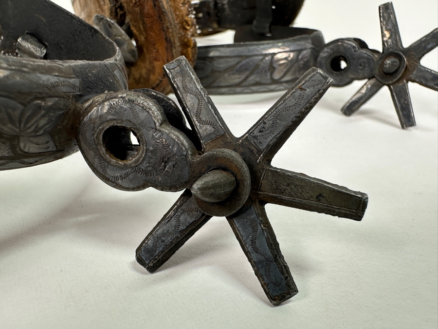 Pair Of Old Western Hand Forged Steel / Leather Spurs [Photo 4]