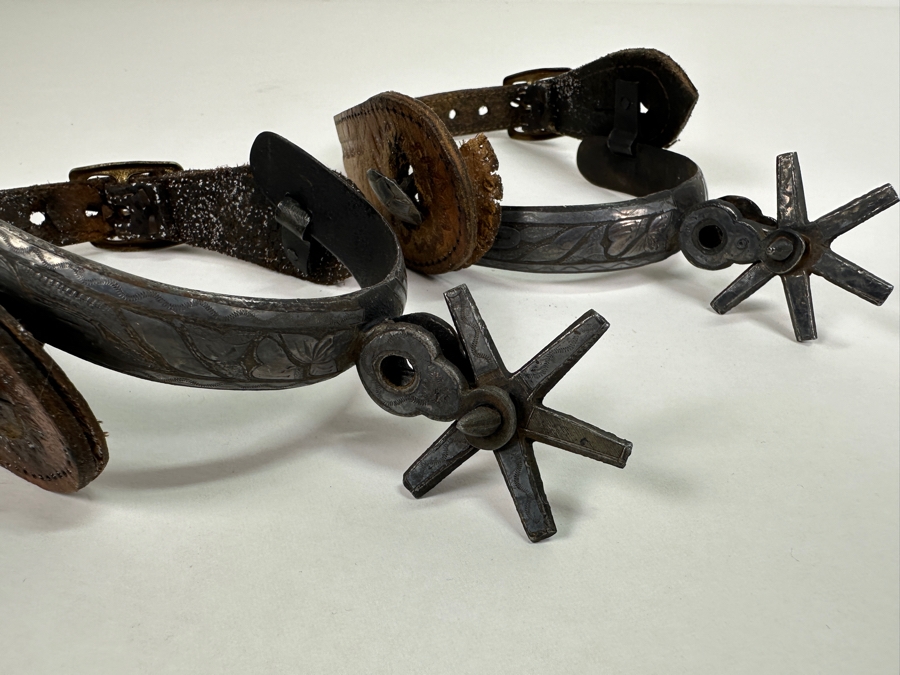 Pair Of Old Western Hand Forged Steel / Leather Spurs [Photo 9]