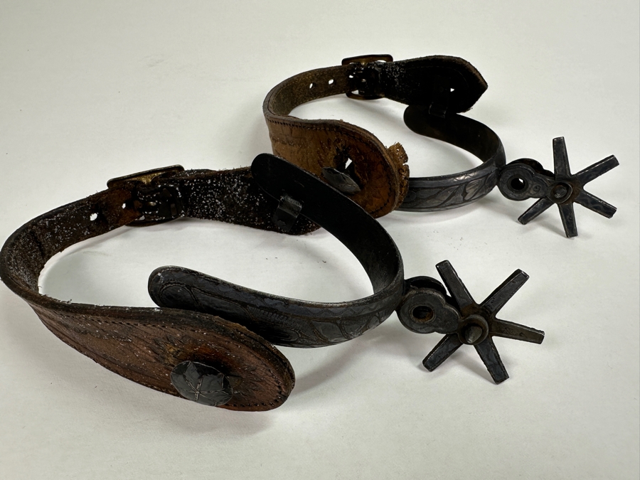 Pair Of Old Western Hand Forged Steel / Leather Spurs [Photo 2]