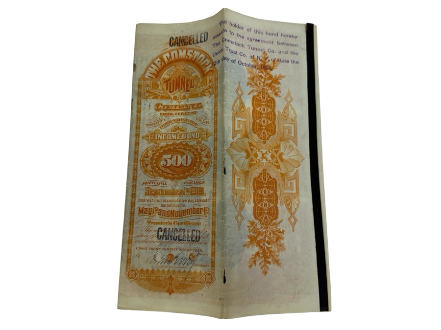 Antique 1891 Comstock Tunnel Company $500 Bond [Photo 1]