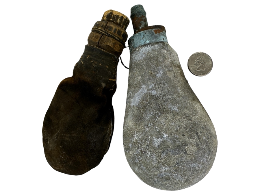 Vintage Metal Civil War Era Metal Powder Flask (R) And Leather Flask (L) [Photo 1]