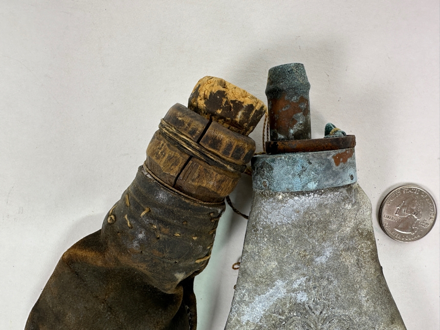 Vintage Metal Civil War Era Metal Powder Flask (R) And Leather Flask (L) [Photo 5]