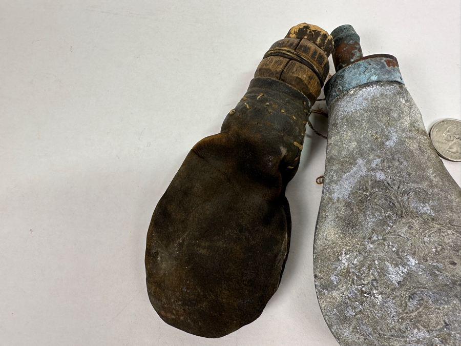 Vintage Metal Civil War Era Metal Powder Flask (R) And Leather Flask (L) [Photo 4]