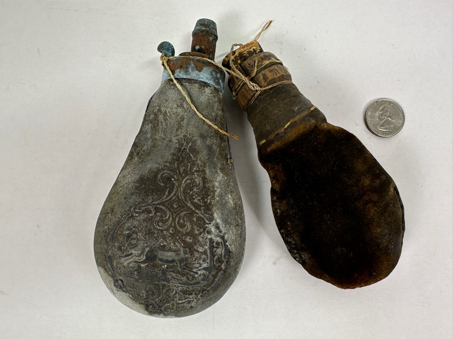 Vintage Metal Civil War Era Metal Powder Flask (R) And Leather Flask (L) [Photo 6]