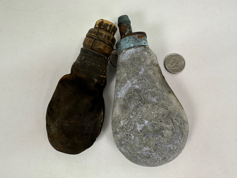 Vintage Metal Civil War Era Metal Powder Flask (R) And Leather Flask (L) [Photo 2]
