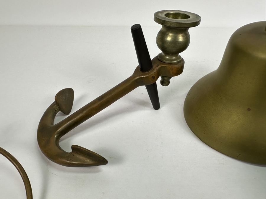 Vintage Brass Decor Lot: Skeleton Keys, Ship's Propeller Candle Holder, Horsehead Coat Hanger, Bell, Ship's Anchor Candle Holder & Candle Holder [Photo 5]