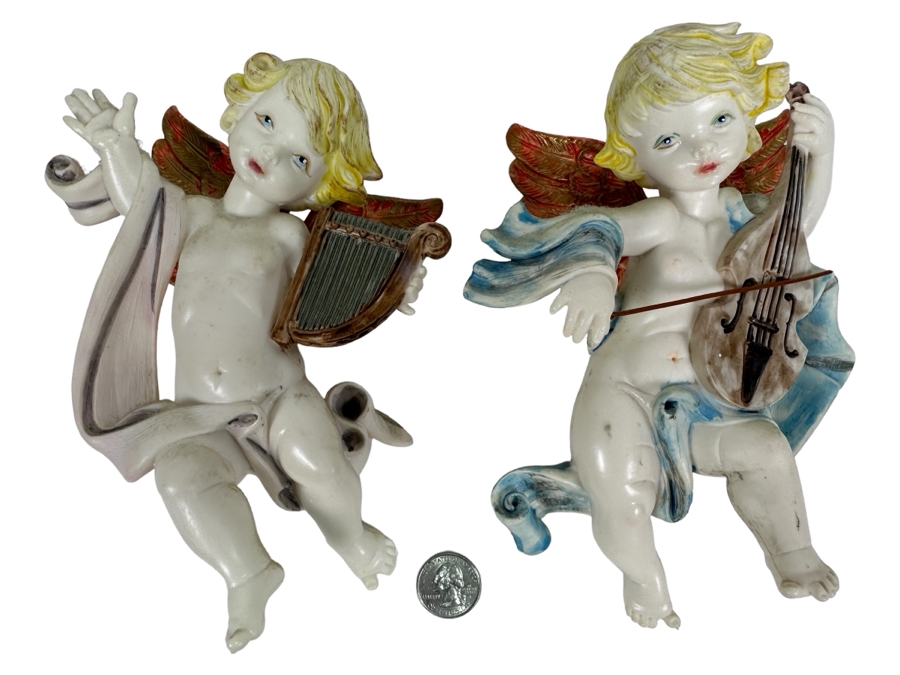 Pair Of Hand Painted Resin Angels Wall Decor Made In Italy 8H