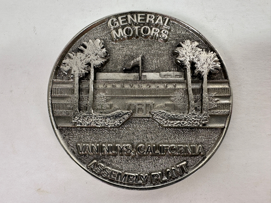 General Motors Van Nuys California 1947-1992 Over 6 Million Vehicles Produced 3' Medallion With Display Stand And Pin [Photo 4]