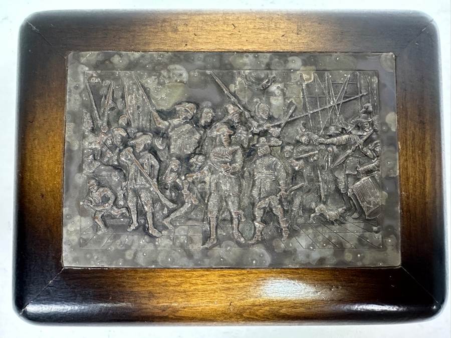 Repousse Silverplate Top Depicting Rembrandt's Night Watch Scene Wooden Box From Holland Voorschoten 6W X 4.5D X 2.25H