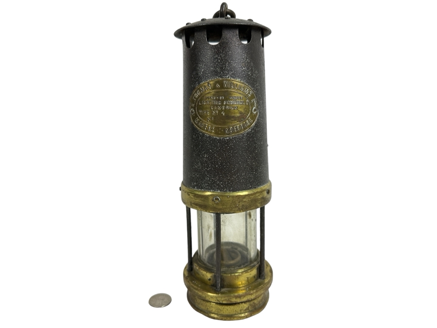 Antique E. Thomas & Williams Ltd. Type No. 4 Miner's Brass Oil Lamp Makers Aberdare 11.5H