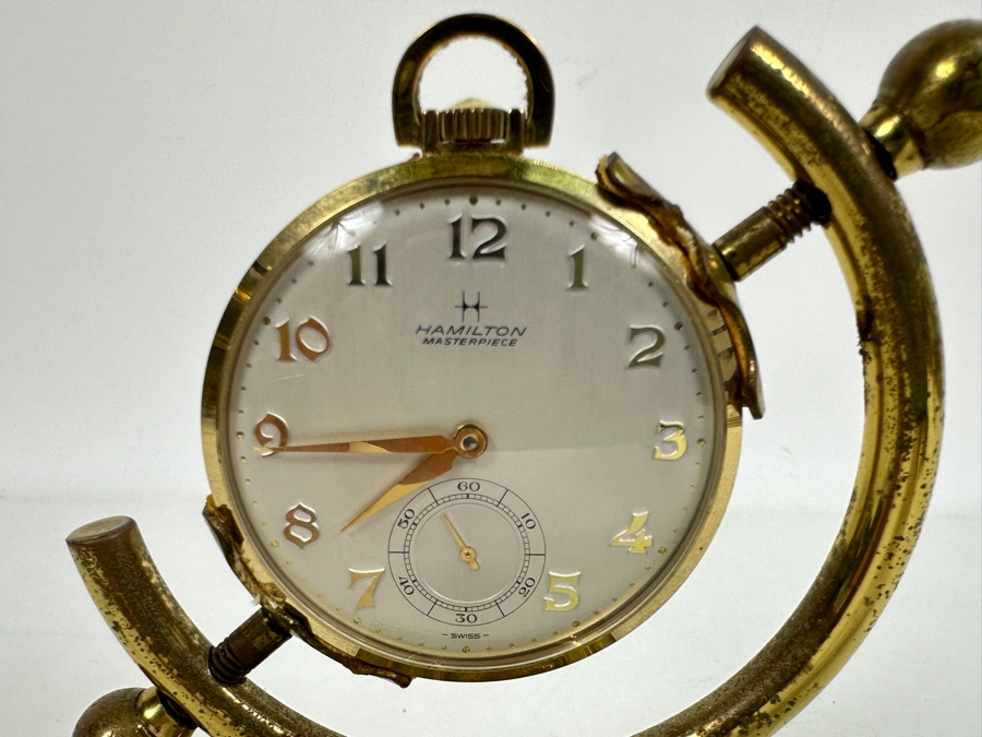 Hamilton Swiss Movement 14k Gold Plated Pocket Watch With Display Stand Engraved 25 Years Of Service General Motors 1984 GM Assemble Division [Photo 4]