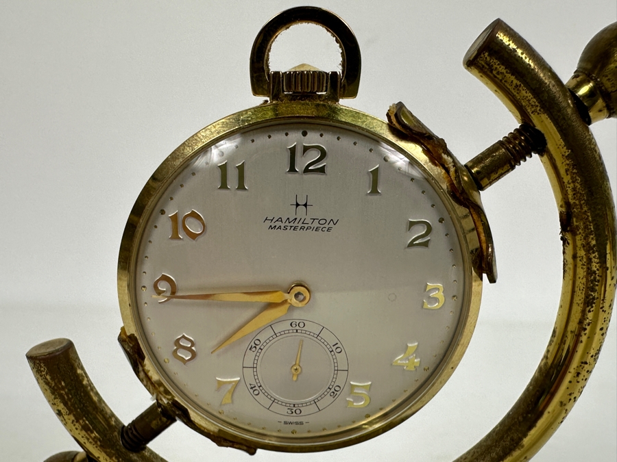 Hamilton Swiss Movement 14k Gold Plated Pocket Watch With Display Stand Engraved 25 Years Of Service General Motors 1984 GM Assemble Division [Photo 5]