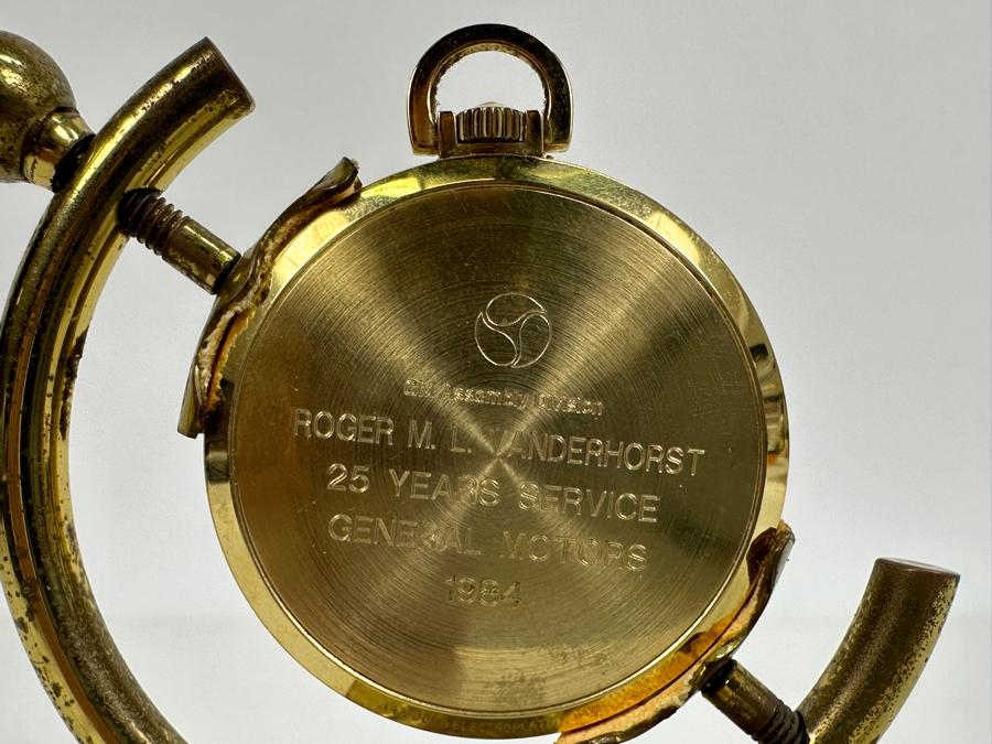 Hamilton Swiss Movement 14k Gold Plated Pocket Watch With Display Stand Engraved 25 Years Of Service General Motors 1984 GM Assemble Division [Photo 9]