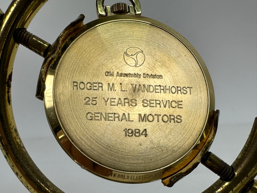 Hamilton Swiss Movement 14k Gold Plated Pocket Watch With Display Stand Engraved 25 Years Of Service General Motors 1984 GM Assemble Division [Photo 10]