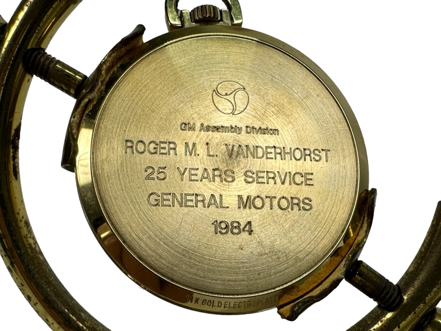 Hamilton Swiss Movement 14k Gold Plated Pocket Watch With Display Stand Engraved 25 Years Of Service General Motors 1984 GM Assemble Division [Photo 3]