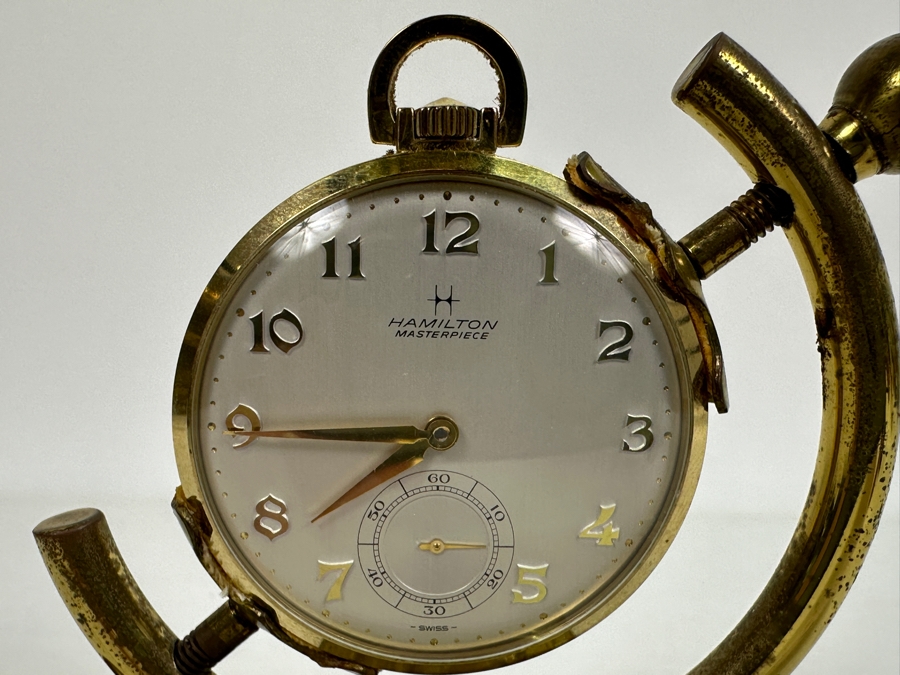 Hamilton Swiss Movement 14k Gold Plated Pocket Watch With Display Stand Engraved 25 Years Of Service General Motors 1984 GM Assemble Division [Photo 8]